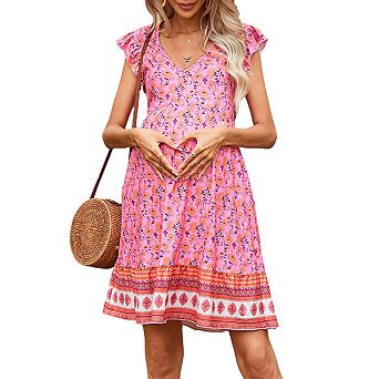 Maternity V Neck Short Ruffled Sleeve with Floral Print Flowy Midi Dress
