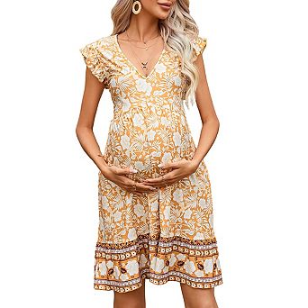 Maternity V Neck Short Ruffled Sleeve with Floral Print Flowy Midi Dress