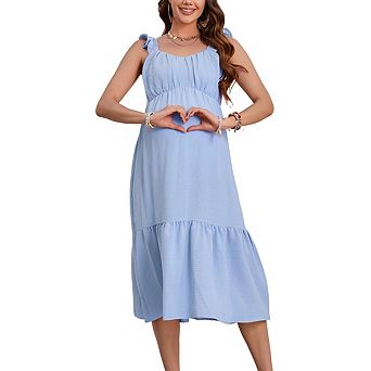 Maternity Square Neck Sleeveless Ruffled Smocked Back Detail Tiered Ruffle Hem Midi Dress
