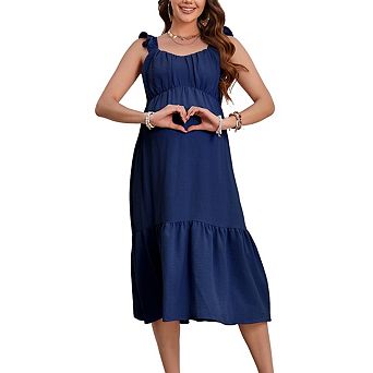 Maternity Square Neck Sleeveless Ruffled Smocked Back Detail Tiered Ruffle Hem Midi Dress