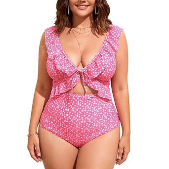 Women Plus Size One Piece Swimsuit V-Neck Tie Front Bathing Suit Ruffle Trim Cutout Swimwear