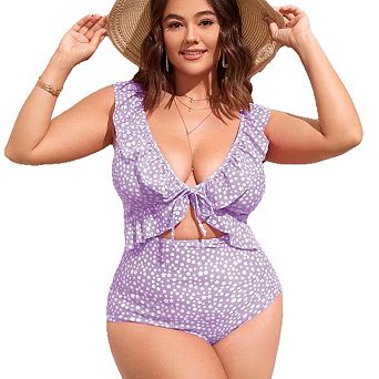 Women Plus Size One Piece Swimsuit V-Neck Tie Front Bathing Suit Ruffle Trim Cutout Swimwear