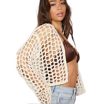 Women's Cropped Sweater Cardigan Open Front Long Sleeve Crochet Hollow Out Knit Shrug Coat Outerwear