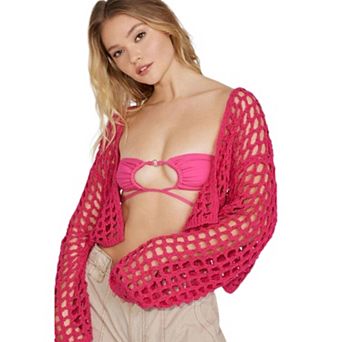 Women's Cropped Sweater Cardigan Open Front Long Sleeve Crochet Hollow Out Knit Shrug Coat Outerwear