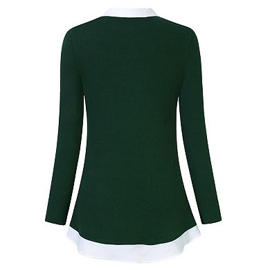 Women's Contrast Collared Shirts Long Sleeve Patchwork Work Blouse Tunics Tops