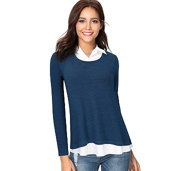 Women's Contrast Collared Shirts Long Sleeve Patchwork Work Blouse Tunics Tops