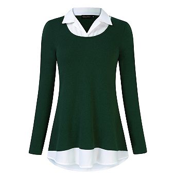 Women's Contrast Collared Shirts Long Sleeve Patchwork Work Blouse Tunics Tops