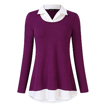 Women's Contrast Collared Shirts Long Sleeve Patchwork Work Blouse Tunics Tops