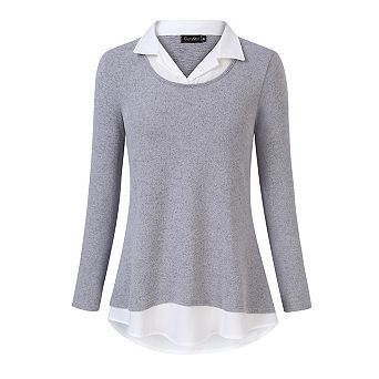 Women's Contrast Collared Shirts Long Sleeve Patchwork Work Blouse Tunics Tops