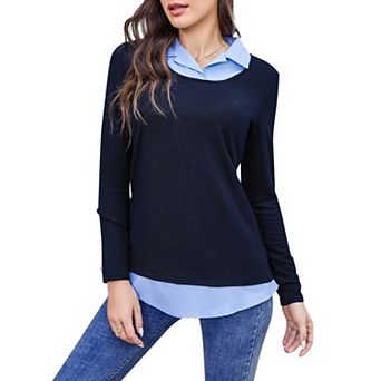 Women's Contrast Collared Shirts Long Sleeve Patchwork Work Blouse Tunics Tops