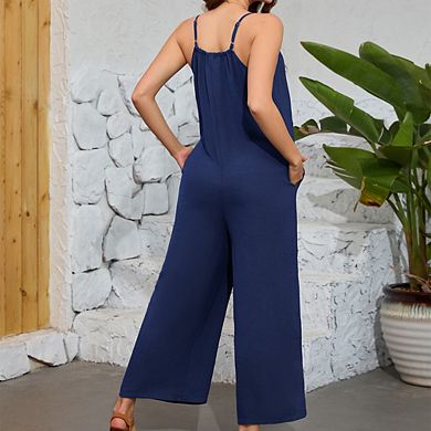 Maternity Square Neck Sleeveless Jumpsuit Adjustable Spaghetti Straps Wide Leg Side Pockets Pants