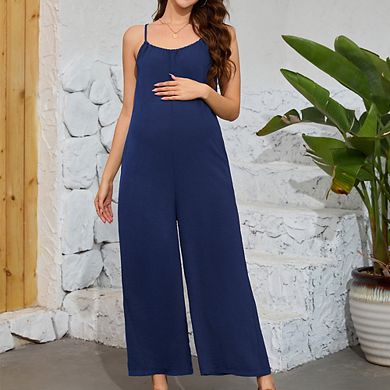 Maternity Square Neck Sleeveless Jumpsuit Adjustable Spaghetti Straps Wide Leg Side Pockets Pants