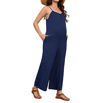 Maternity Square Neck Sleeveless Jumpsuit Adjustable Spaghetti Straps Wide Leg Side Pockets Pants