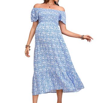 Maternity Square Neck Short Puff Sleeve Floral Print Smocked Tiered Midi Dress