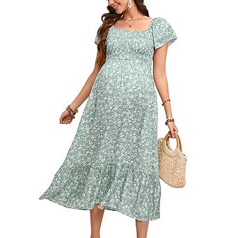 Maternity Square Neck Short Puff Sleeve Floral Print Smocked Tiered Midi Dress