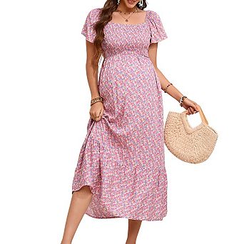 Maternity Square Neck Short Puff Sleeve Floral Print Smocked Tiered Midi Dress