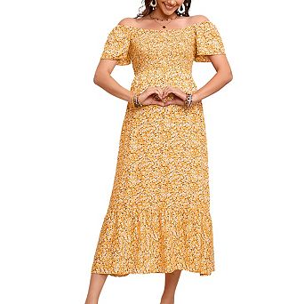 Maternity Square Neck Short Puff Sleeve Floral Print Smocked Tiered Midi Dress