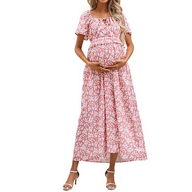 Maternity Square Neck Short Ruffled Sleeve Floral Print Midi Dress