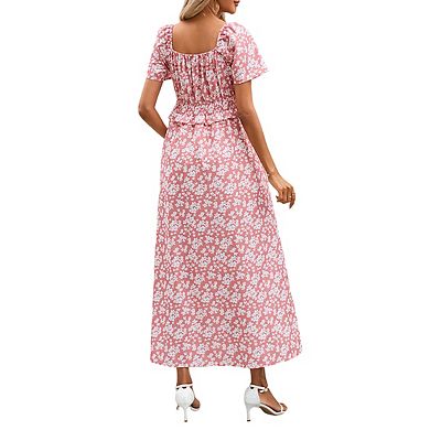 Maternity Square Neck Short Ruffled Sleeve Floral Print Midi Dress