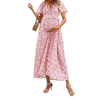 Maternity Square Neck Short Ruffled Sleeve Floral Print Midi Dress