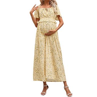 Maternity Square Neck Short Ruffled Sleeve Floral Print Midi Dress