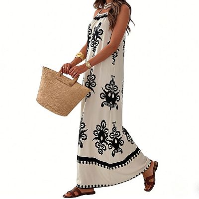 Women's Floral Print Halter Neck Dress Summer Sleeveless Maxi Sundress Blue M