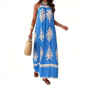 Women's Bohemian Print Sleeveless Loose-Fit Summer Beach Halter Maxi Dress