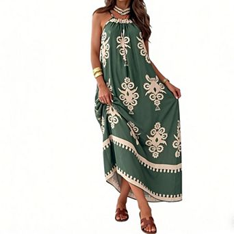 Women's Bohemian Print Sleeveless Loose-Fit Summer Beach Halter Maxi Dress