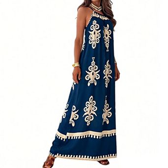 Women's Bohemian Print Sleeveless Loose-Fit Summer Beach Halter Maxi Dress