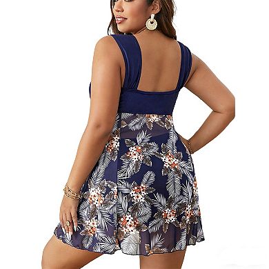 Plus Size Women's Tankini Swimsuits Two-Pieces Set Floral Ruched Bust Tie Waist Bathing Suit