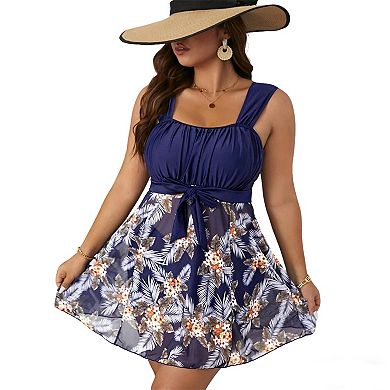 Plus Size Women's Tankini Swimsuits Two-Pieces Set Floral Ruched Bust Tie Waist Bathing Suit