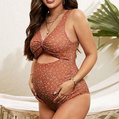 Maternity One Piece Swimsuit Cutout Knot Front Swimwear Stretchy Beach Pool Vacation Bathing Suit