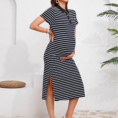 Maternity Collar Short Sleeve Striped Ribbed Button Side Slit Midi Dress