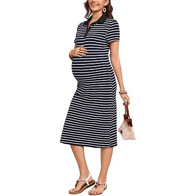 Maternity Collar Short Sleeve Striped Ribbed Button Side Slit Midi Dress