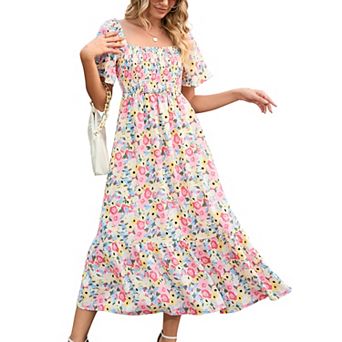 Maternity Dress Women's Square Neck Short Sleeve Baby Shower Photoshoot Smocked Maxi Dress