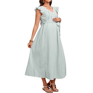 Maternity V Neck Sleeveless Ruffled Tie Waist Flowy Midi Dress