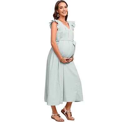 Maternity V Neck Sleeveless Ruffled Tie Waist Flowy Midi Dress
