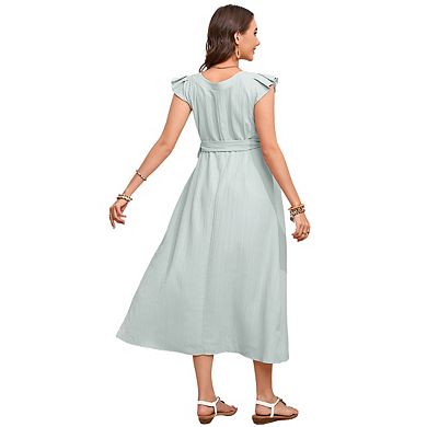 Maternity V Neck Sleeveless Ruffled Tie Waist Flowy Midi Dress