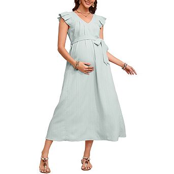 Maternity V Neck Sleeveless Ruffled Tie Waist Flowy Midi Dress