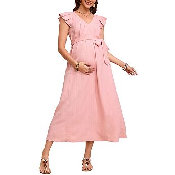 Maternity V Neck Sleeveless Ruffled Tie Waist Flowy Midi Dress