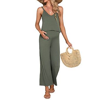 Maternity V Neck Sleeveless Jumpsuit Adjustable Spaghetti Straps Wide Leg Ribbed Pants