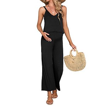 Maternity V Neck Sleeveless Jumpsuit Adjustable Spaghetti Straps Wide Leg Ribbed Pants