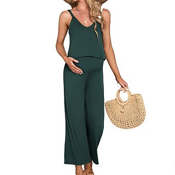 Maternity V Neck Sleeveless Jumpsuit Adjustable Spaghetti Straps Wide Leg Ribbed Pants