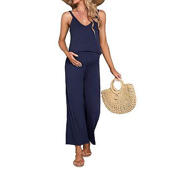 Maternity V Neck Sleeveless Jumpsuit Adjustable Spaghetti Straps Wide Leg Ribbed Pants
