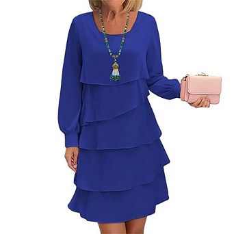 Women's Chiffon Dresses Long Sleeve Crewneck Tiered Layered Flowy Dress Party Wedding Outfits