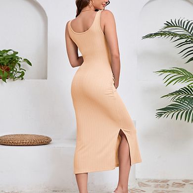 Maternity Square Neck Sleeveless Ribbed Ruched Side Slit Midi Dress