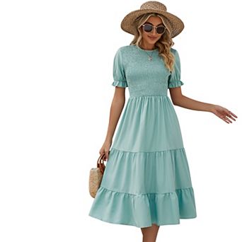 Women's Crew Neck Smocked Midi Dress Casual Puff Short Sleeve Flowy Tiered A Line Maxi Dress