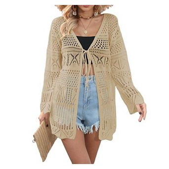 Women Crochet Long Cardigans Summer Lightweight Long Sleeve Tie Front Oversized Hollow Out Cover Up