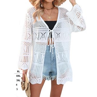 Women Crochet Long Cardigans Summer Lightweight Long Sleeve Tie Front Oversized Hollow Out Cover Up