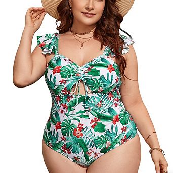 Plus Size One Piece Swimsuit for Women Ruffle Strap Cutout Tie Front Bathing Suit Stretchy Swimwear